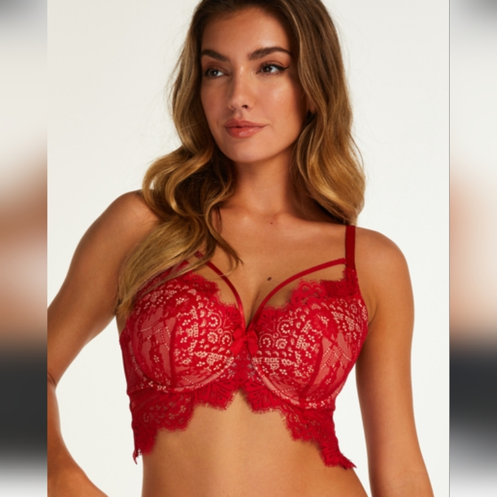 HUNKEMOLLER MARILEE PADDED UNDERWIRED  LONGLINE BRA IN RED/SZ;34C